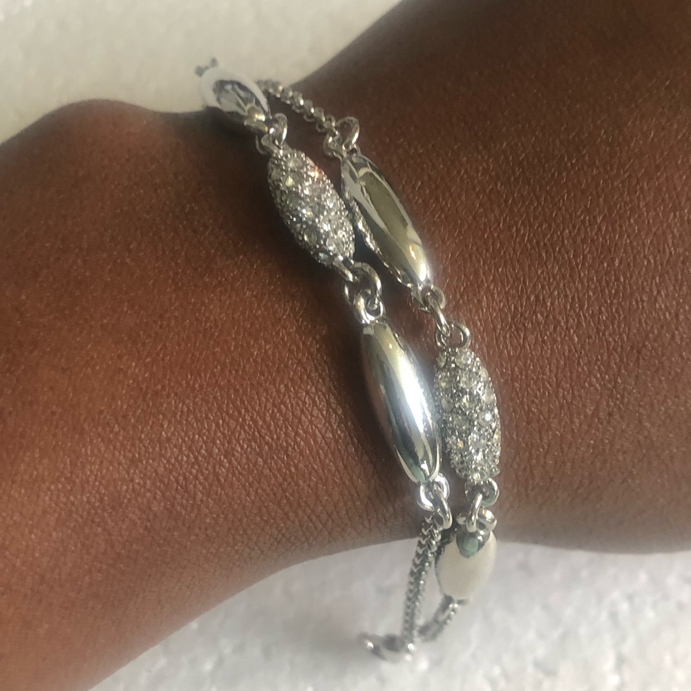 Double Strand Tiered Silver Tone Embellished Bracelet